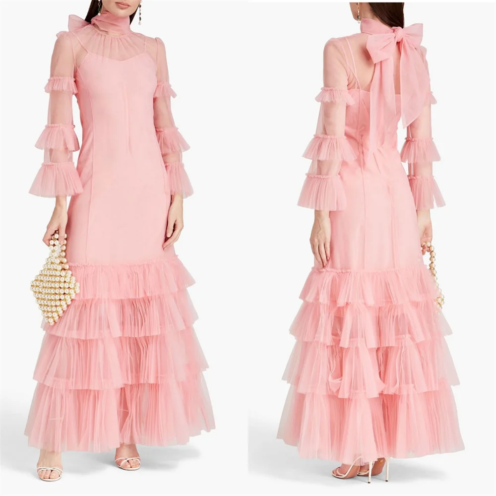 

Prom Dress Saudi Arabia Evening Dearin High Collar A-line Ankle Length Skirts Bows Draped Layered Tulle Flouncing Bespoke Occasi