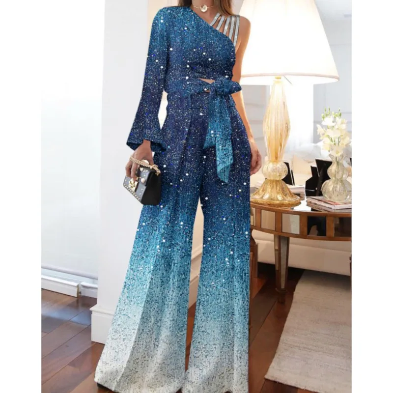 

Glitter Trim Elegant Women Outfit One Shoulder Bandage Bowknot Blouse High Waist Wide Leg Pants Set Elegant Office Lady Outfit