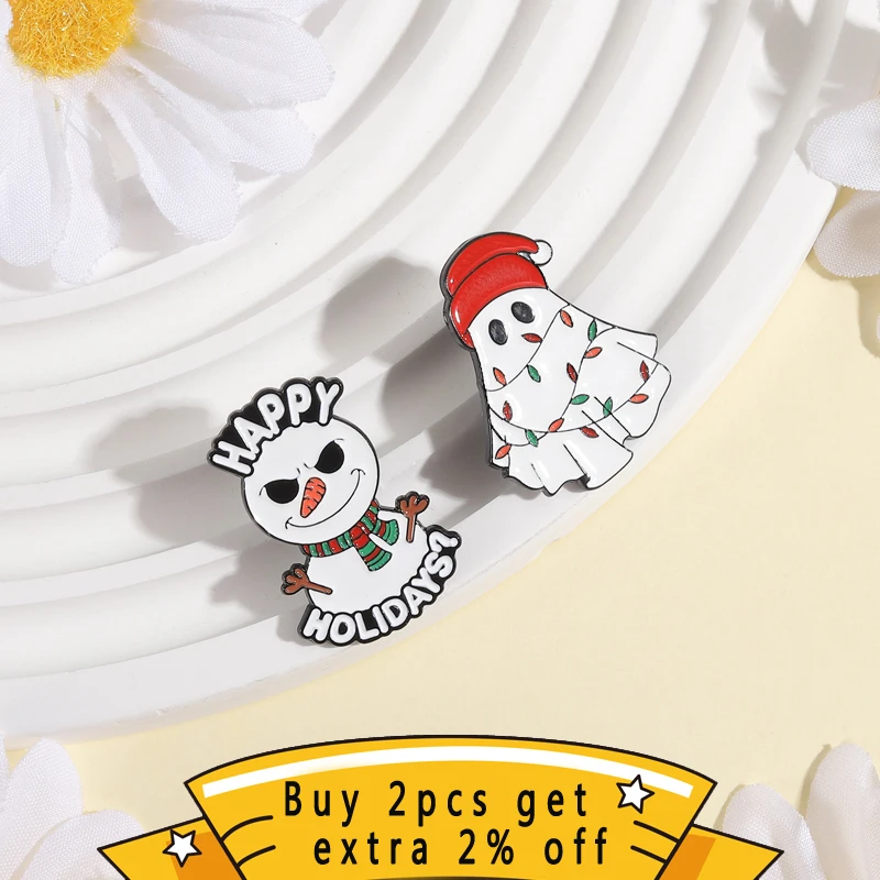 Christmas Enamel Pin Evil Smiling Snowman and Red Hat Ghost Brooch Lapel Backpack Badge Jewelry Gift