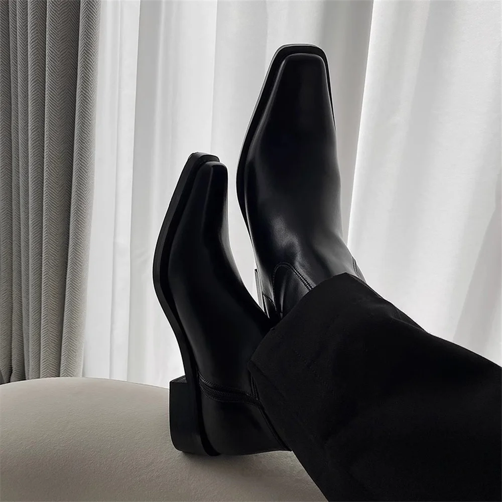 Small Square Headed Chelsea Boots New Black Leather Side Zipper Short Boots Men Chunky Heel Solid Color Motorcycle Boots