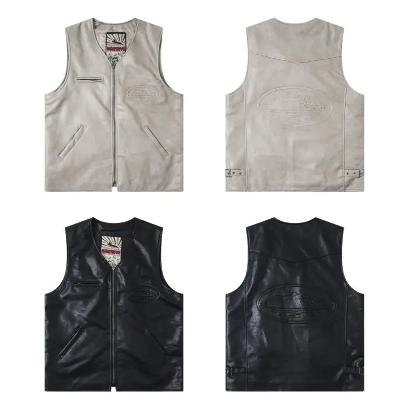 

American High Street Hip Hop Sle Retro PU Leather Vest Jaet Men's Outerwear Loose Fit Youthful Trend V-Ne Zipper Closure