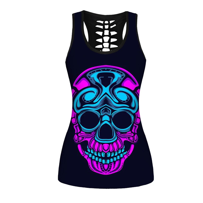 

Women Sleeveless Shirt Skull Printed Sport Vest Elastic Yoga Tops Hollow Out Gym Running Undershirt S-4XL Fitness Tank Top Femme