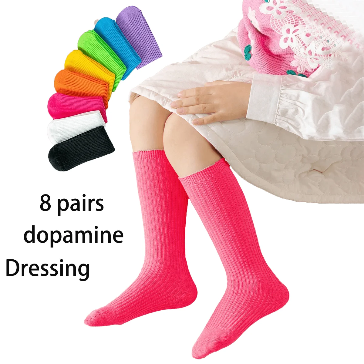 8 pairs of children\'s socks, cotton blend breathable knee length socks, solid color cute dress socks, dopamine dressing