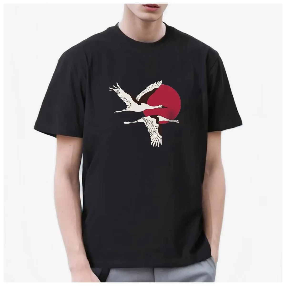 HOT SALE Dongdongjing Cherry Blossom White Crane Fan Beautiful Tee Men T Shirt Women Fashion Soft Comfortable Cotton Casual Top