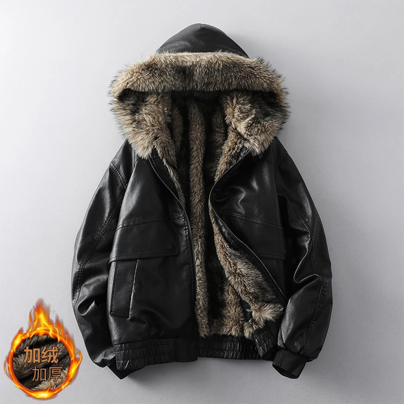 Winter Fur Leather Jacket Men Hooded Jacket Plus Velvet Padded Warm Casual Streetwear Wool Liner Coat