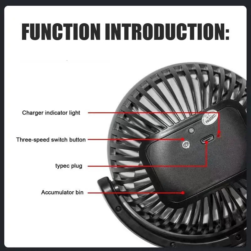 Battery Powered Fan For Car Car Camping Fan Rechargeable Quiet 360 Adjustable Suction Cup 3 Speed Ventilating Blower For Desk