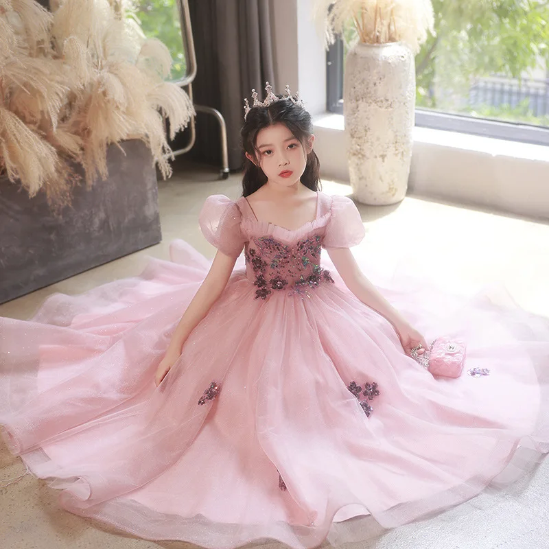 Flower Girls Dress New Fashion Children's Tull Sequin Piano Performance Dresses Cute Girls' A-line Princess Birthday Gown