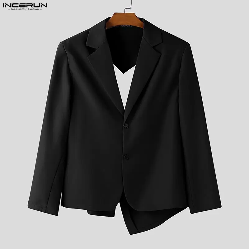 INCERUN Men Blazer Solid Color Lapel Long Sleeve Button Male Suit Hollow Out Backless Streetwear Fashion Personality Thin Coats