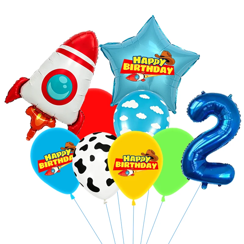 Rote, gelbe und grüne Spielzeugballons, hellblaue Ballons mit Wolken- und Kuhmuster für die Dekorationen zu Babystory- und Cowboy-Partys – Detail 3