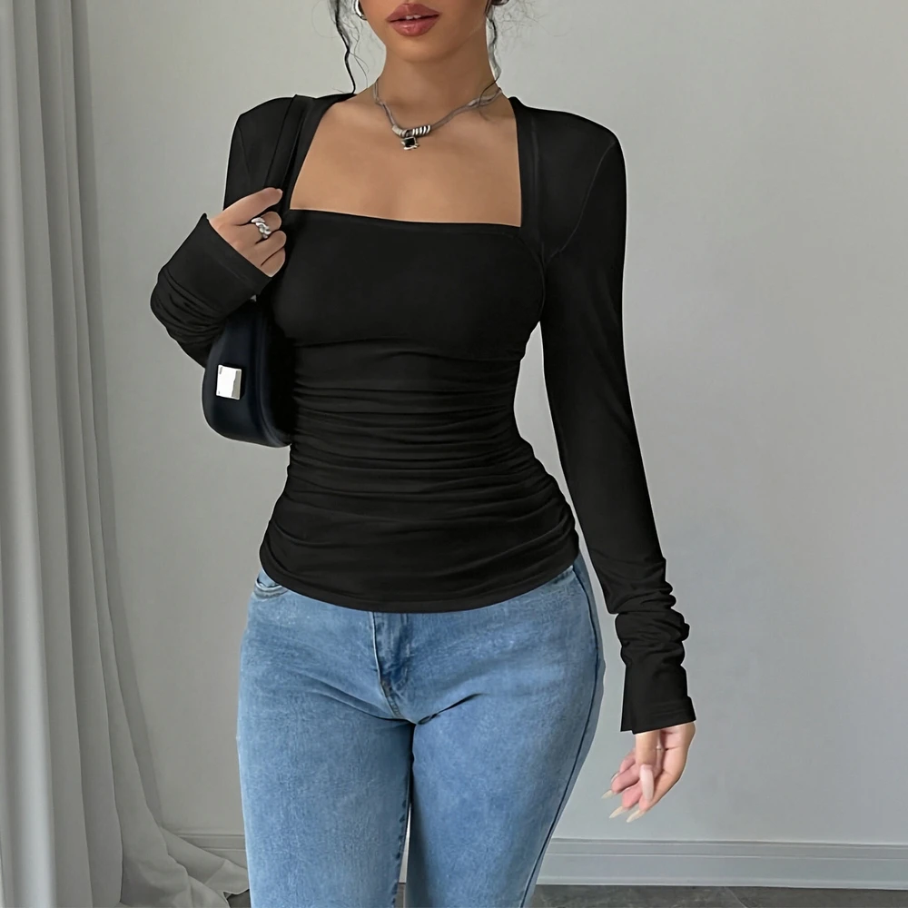 

Autumn Winter T-Shirts 2025 Women's K-Fashion Plain Long Sleeve Square Neck Skinny Fit Daily Basic T-Shirts