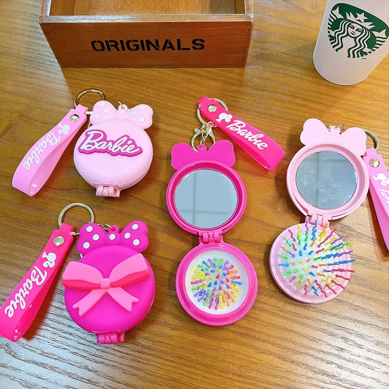 Barbie Keychains Mirror Airbag Comb Keychain Girl Portable Makeup Mirror Bag Pendant Kids Gifts