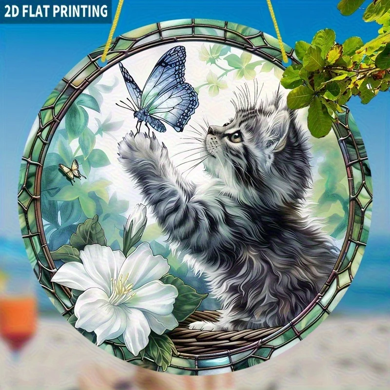 2D Flach, 1 Stück. Böhmischer Sonnenfänger mit Katze und Schmetterling – 7,87 Zoll runde Fensterdekoration aus Acryl mit 3D-Visualeffekt, lebendige Farben