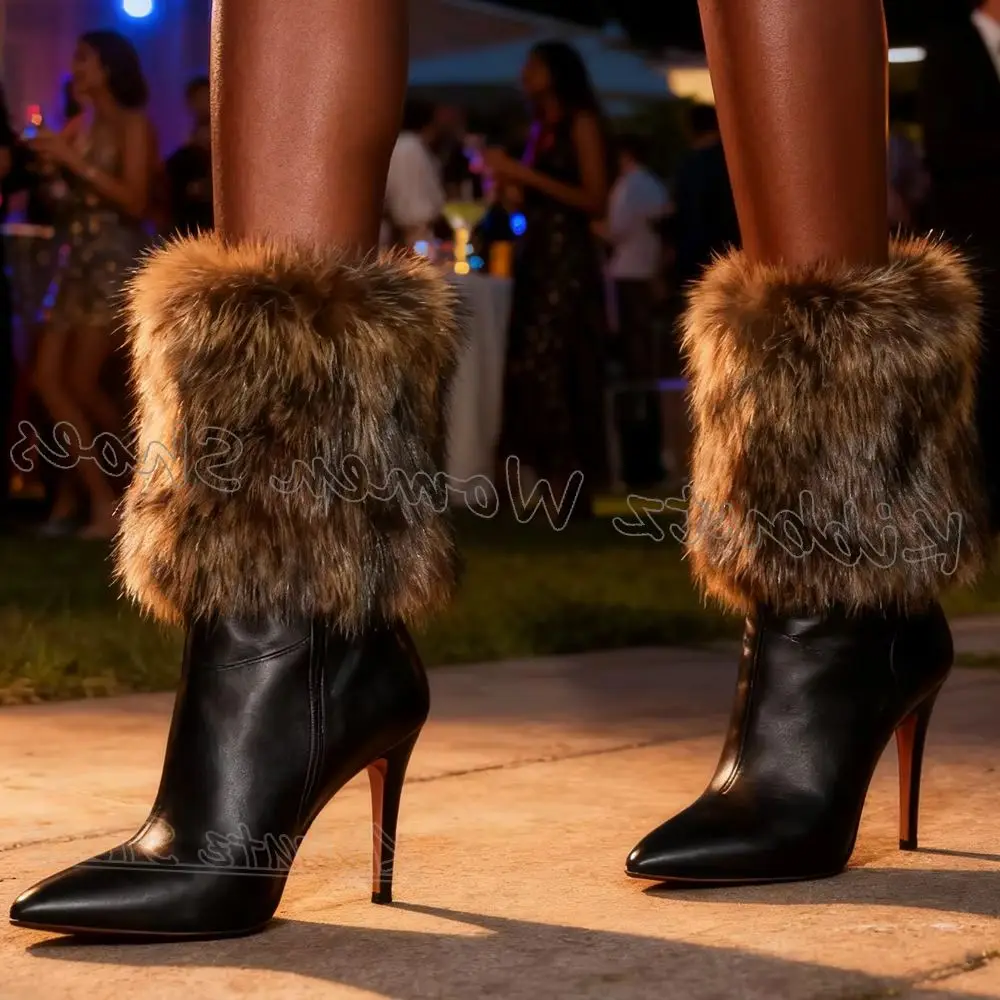 

Ankle Modern Furry Boots Leather Warm Spicy Girls Shoes Solid Color Slip-On Pointy Thin Heels Fashion Luxury Elegant Concise New