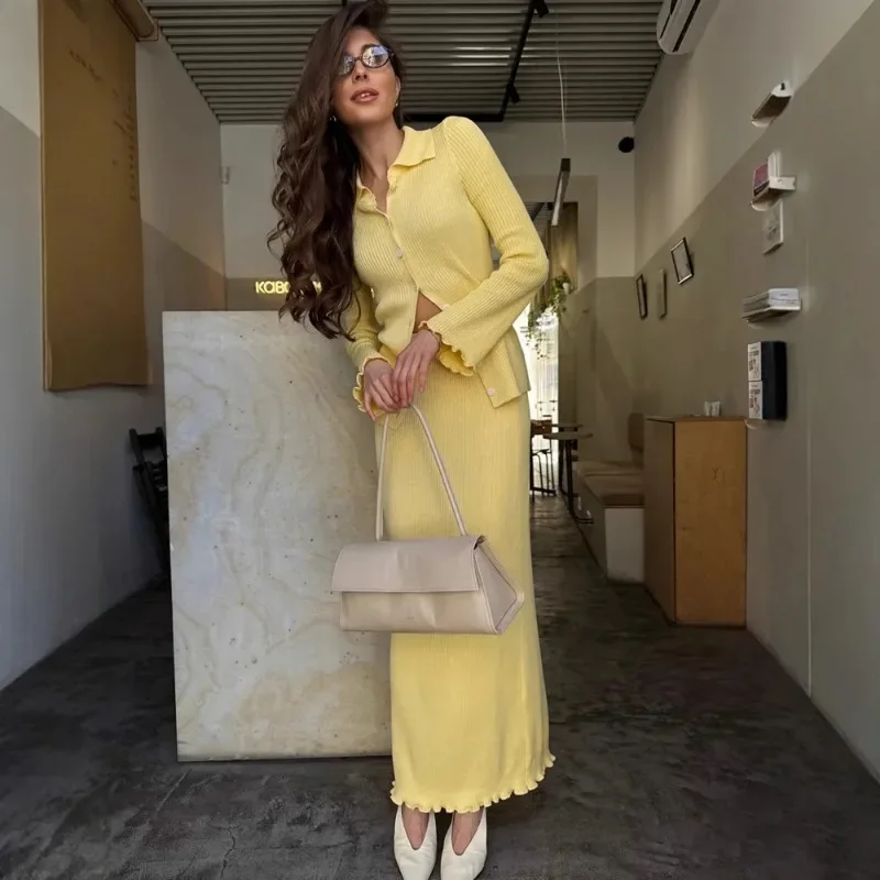 Laxsesu manga longa malha cardigan saia superior 2 peças conjunto feminino outono inverno babados moda camisola superior e saia longa conjunto