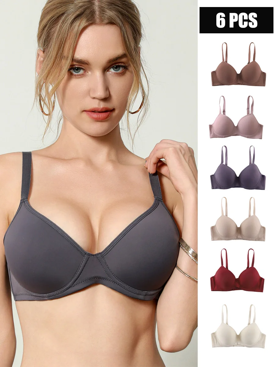 6pcs Simple Solid T-Shirt Bras Comfy & Breathable Push Up Bra Women\'s Lingerie &Underwear