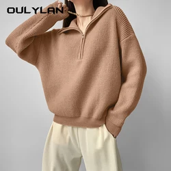 Autumn Winter Pullover Sweater Women's Zipper Semi Open Collar Korean Style Long Sleeved Knitted Sweaters Solid Color Top