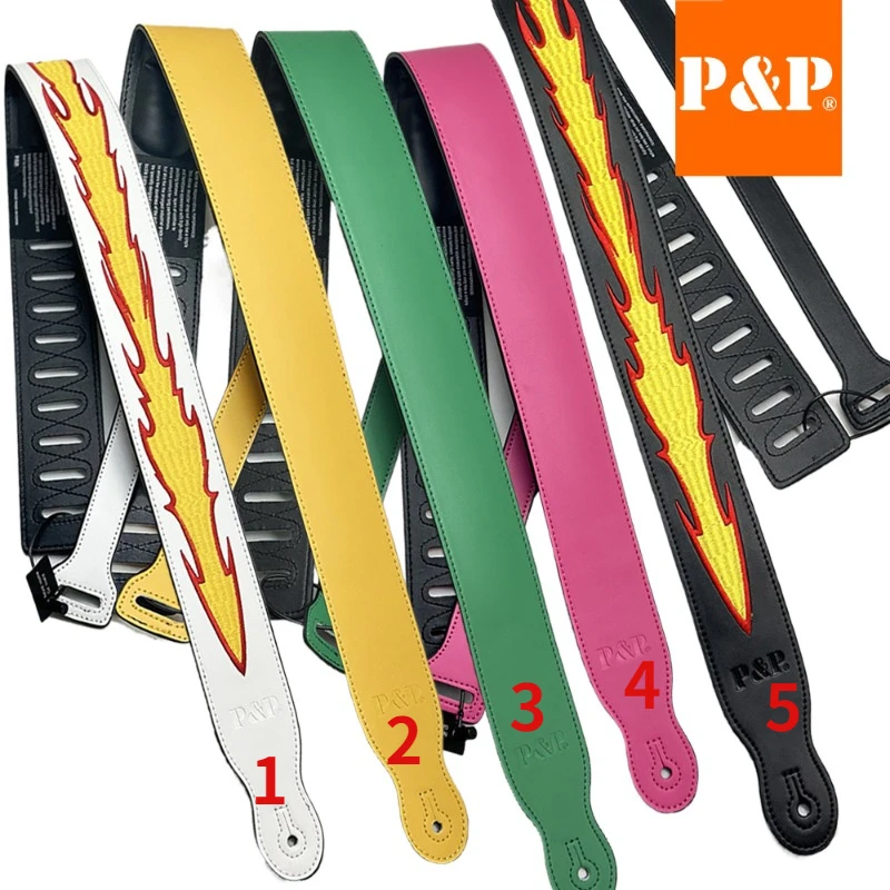 Guitar Strap P&P Spot Flame Genuine Leather White Black Green Rose Red Yellow Electric Guitar 2023