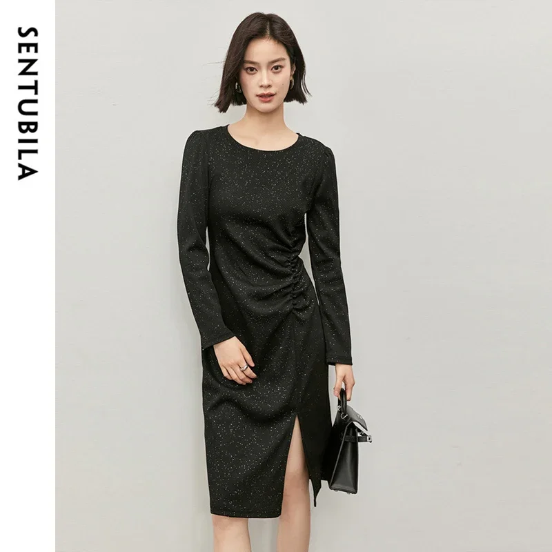 SENTUBILA Sequins Sexy Dresses for Women 2024 Spring Autumn Black Slim Fit Round Neck Folds Slit Fitted Dress Woman 143L56650X