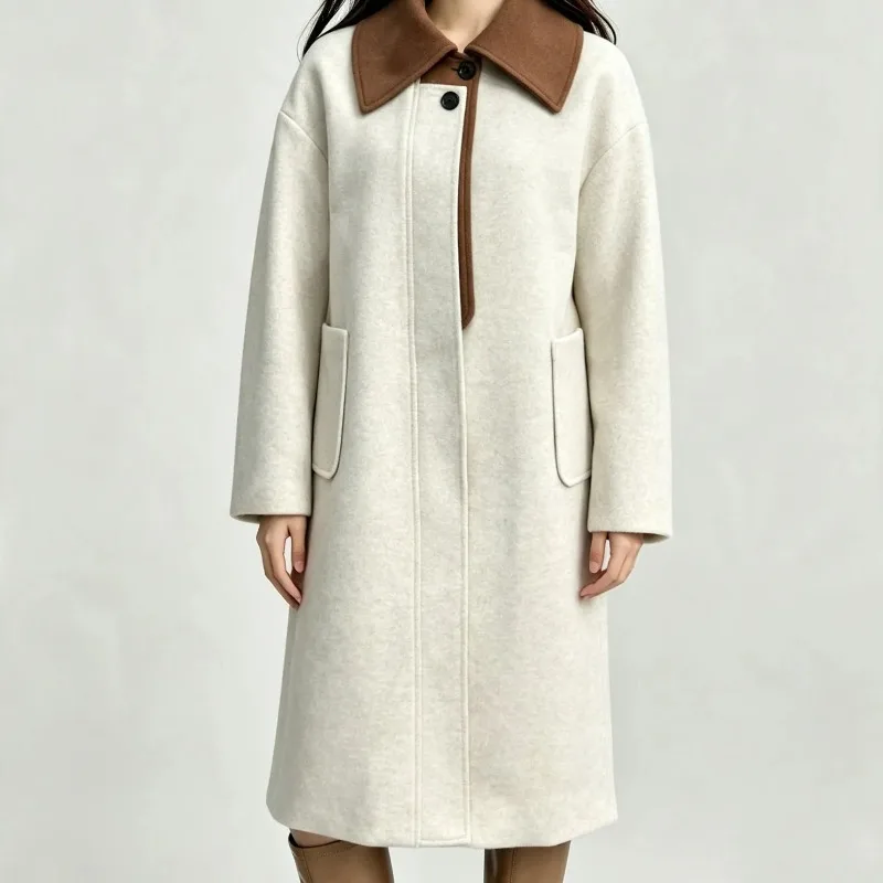 Women Color Block Lapel Long Woolen Coat Elegant Loose Fit Mid Length Contrast Collar Overcoat With Pockets