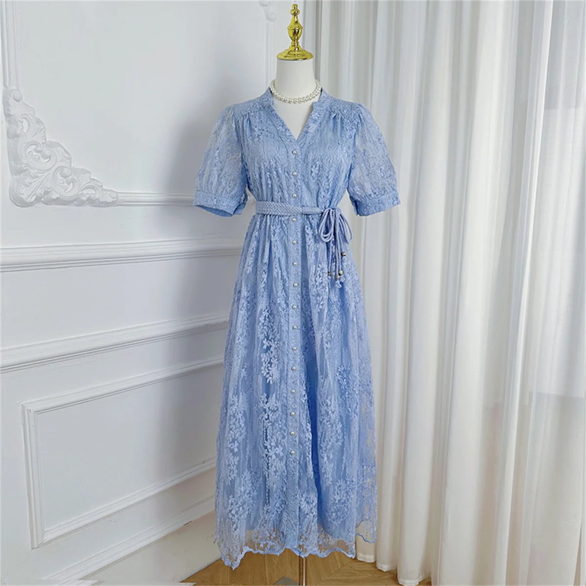 Women Elegant Evening Formal Occasion Dress Summer Short Sleeve Single Breasted  Embroidery Prom Wedding Long Dress
