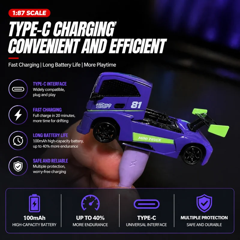 Exclusive MCARRO 1:87 Mini RC Drift Truck 4WD High-Speed Stepless Control LED Lights Desktop Racing Toy Authorized Edition