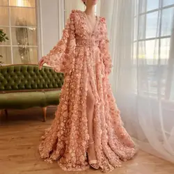 Custom Made Luxury Coral 3D Flower Prom Party Dresses With Puffy Long Sleeve Slit Formal Wedding Occasion Gown Evening Dress