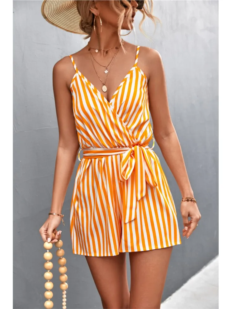 Summer Jumpsuit For Women Sexy Stripe Spaghetti Strap Jumpsuit Loose V-Neck Summer Romper Shorts Beach Playsuit Female Outfit