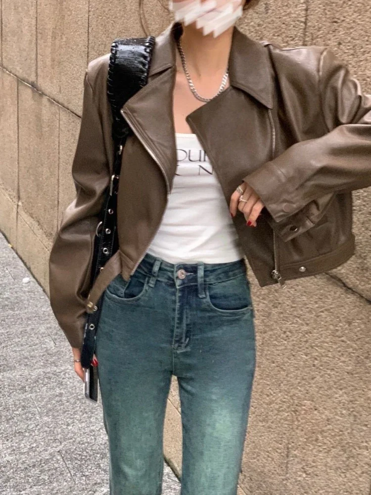 

​ Шикарная куртка из искусственной кожи с воротником для миниатюрных женщин, универсальный дизайн для похудения