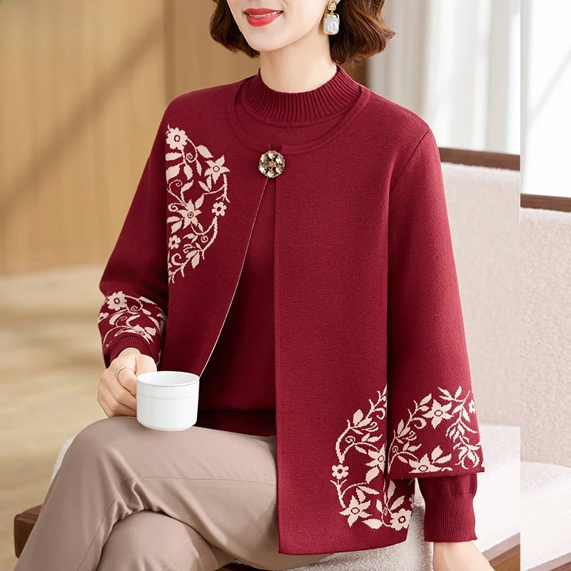 

Ele Knitted Sweater Set for Mom Autumn Faion Outerwear Two-Piece Ensemble for Wedding Banquet Suitable for Middle-Aged ...