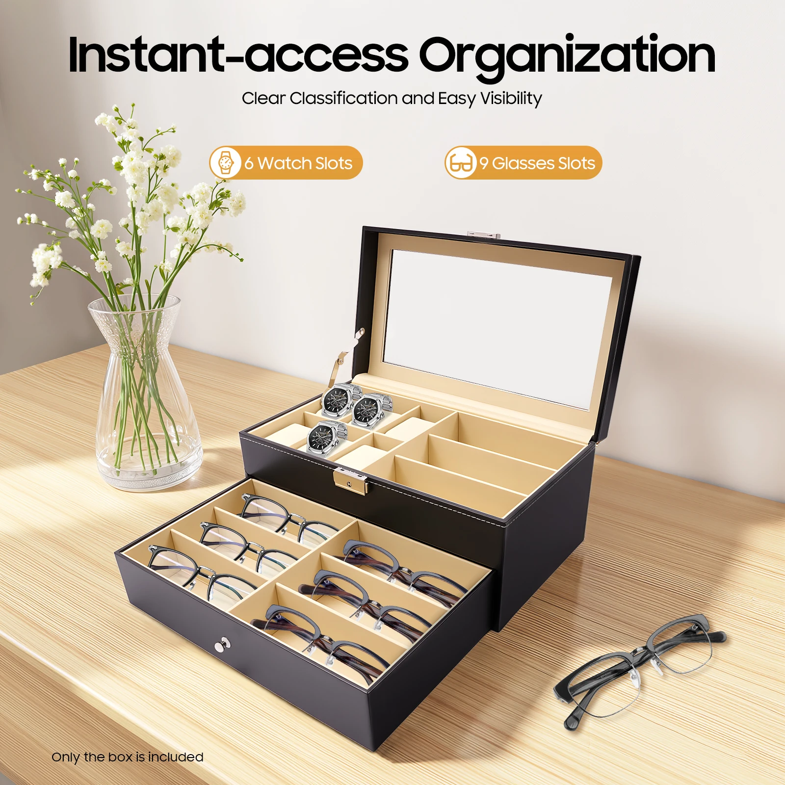 2-Tier Watch & Eyeglasses Storage Box 6 Watch Slots + 9 Glasses Compartments Retro Lockable Organizer with Glass Lid