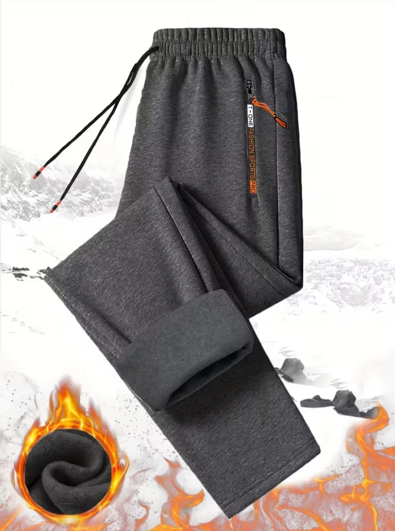 Men Winter Fleece Lined Sweatpants Drawstring Elastic Waist Straight Leg Joggers Warm Thermal Trousers With Zipper Pockets