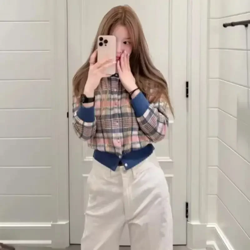 جديد Preppy منقوشة سترة مشغولة من الصوف المرأة موضة عادية س الرقبة طويلة الأكمام سترة قصيرة سترة التباين اللون تريكو