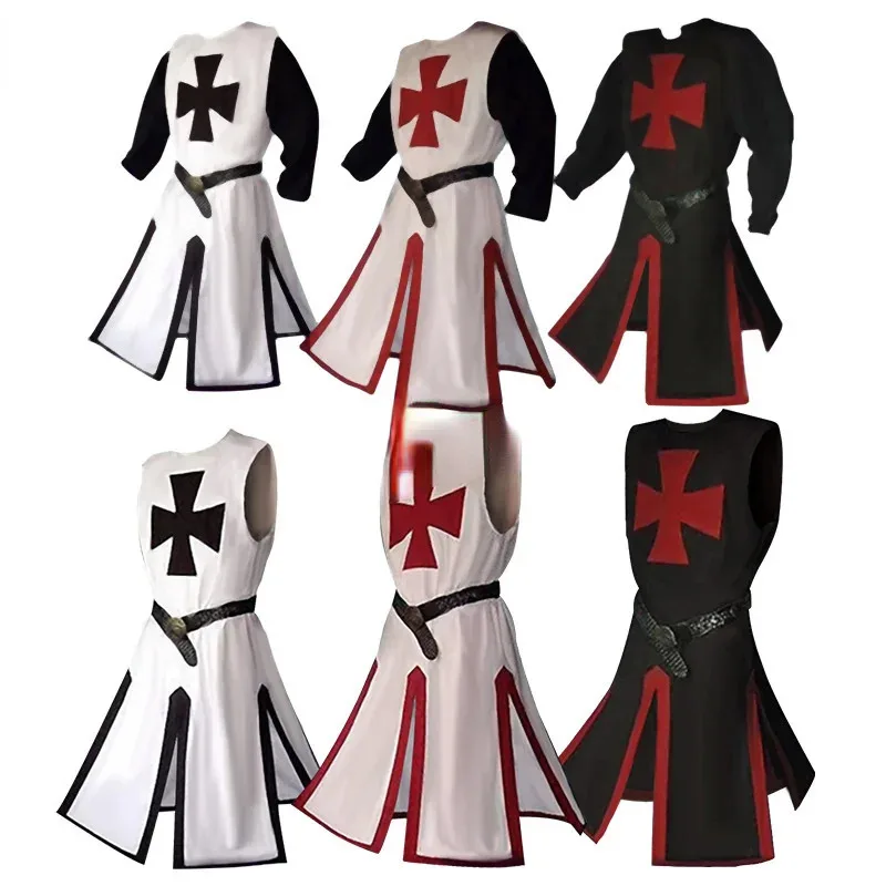 

Plus Size Men Medieval Cosplay Robes Templar Knight Crusader Surcoat Long Sleeve Short Tops Reenactment Costume
