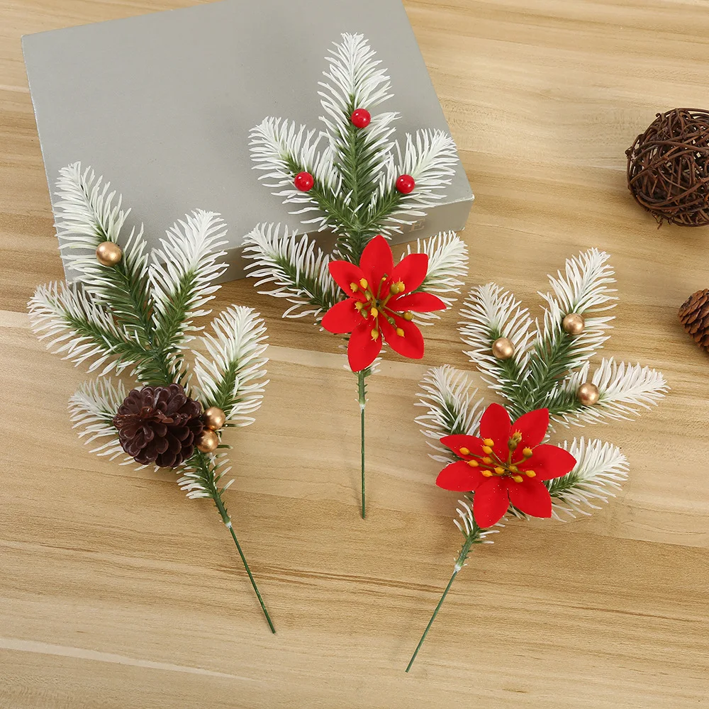 2pcs 28cm/11Inch Artificial Flower Stems with Snowed Pine Needle Holly Red/Golden Berry Christmas Tree Branch Decor New Year