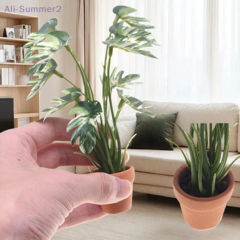 نبات مونستيرا المصغر لبيت الدمى 1/12 الرقيق بوعاء لمناظر الحديقة الصغيرة #3