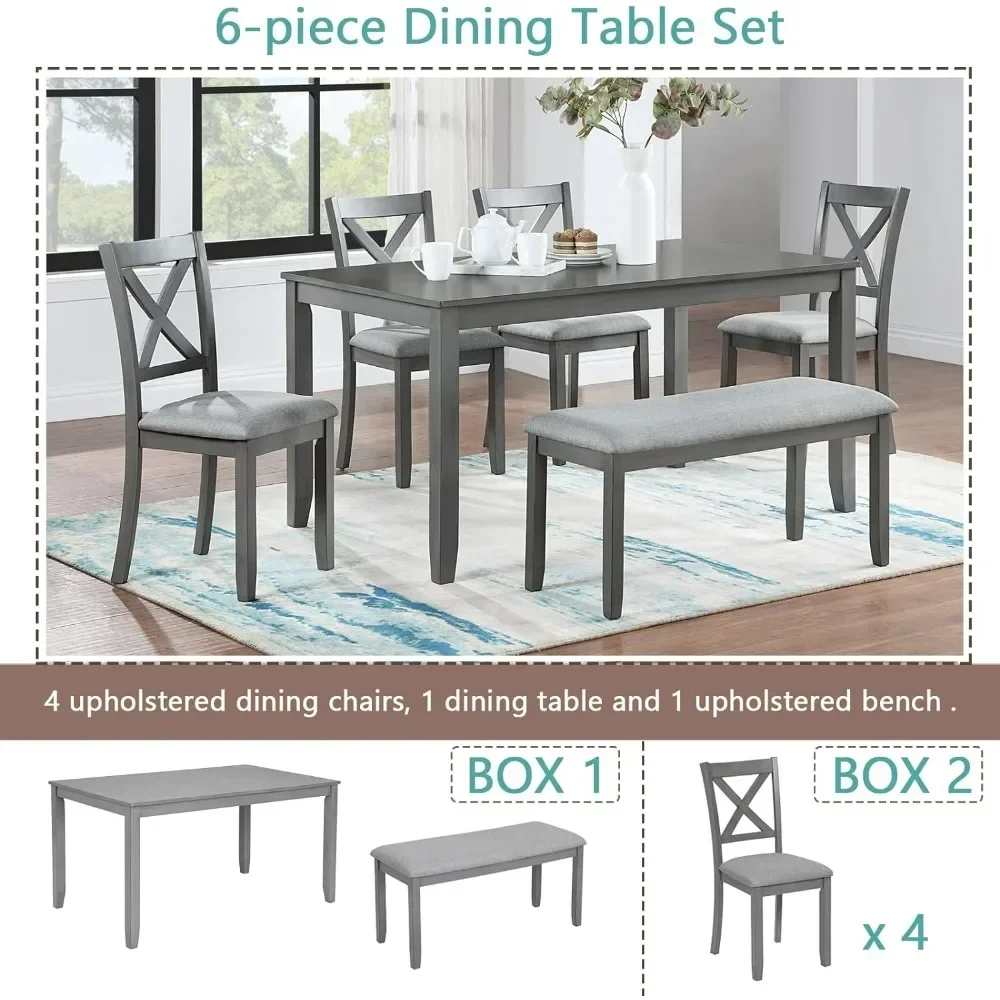 Dining Table Set for 6,Farmhouse Kitchen Table Set with 4 Upholstered Chairs and 1 Bench,Solid Wood Dining Table Set for Kitchen