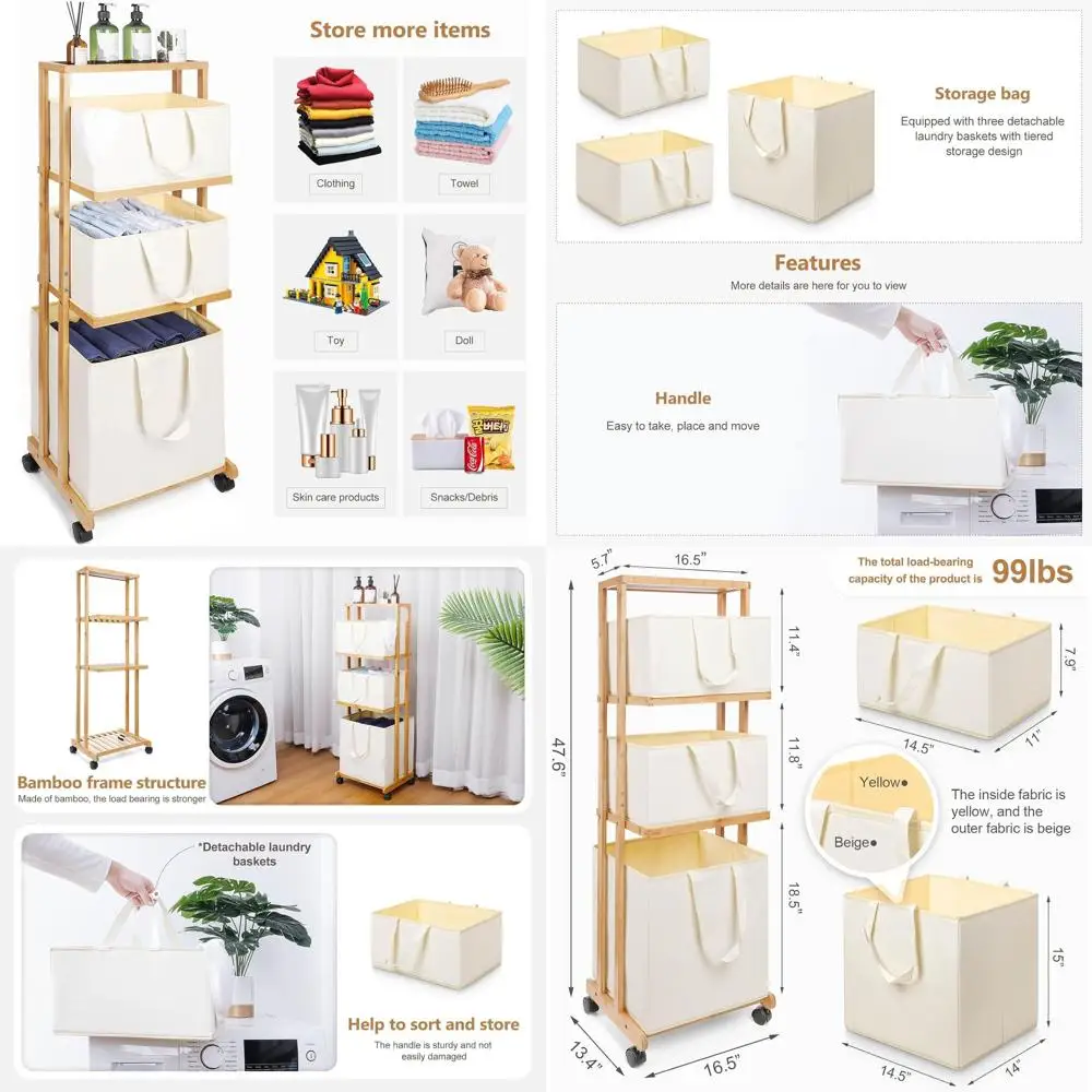 

3-Tier Bamboo Laundry Basket with Wheels, Removable Bin for Clothes, Storage Organizer for Home