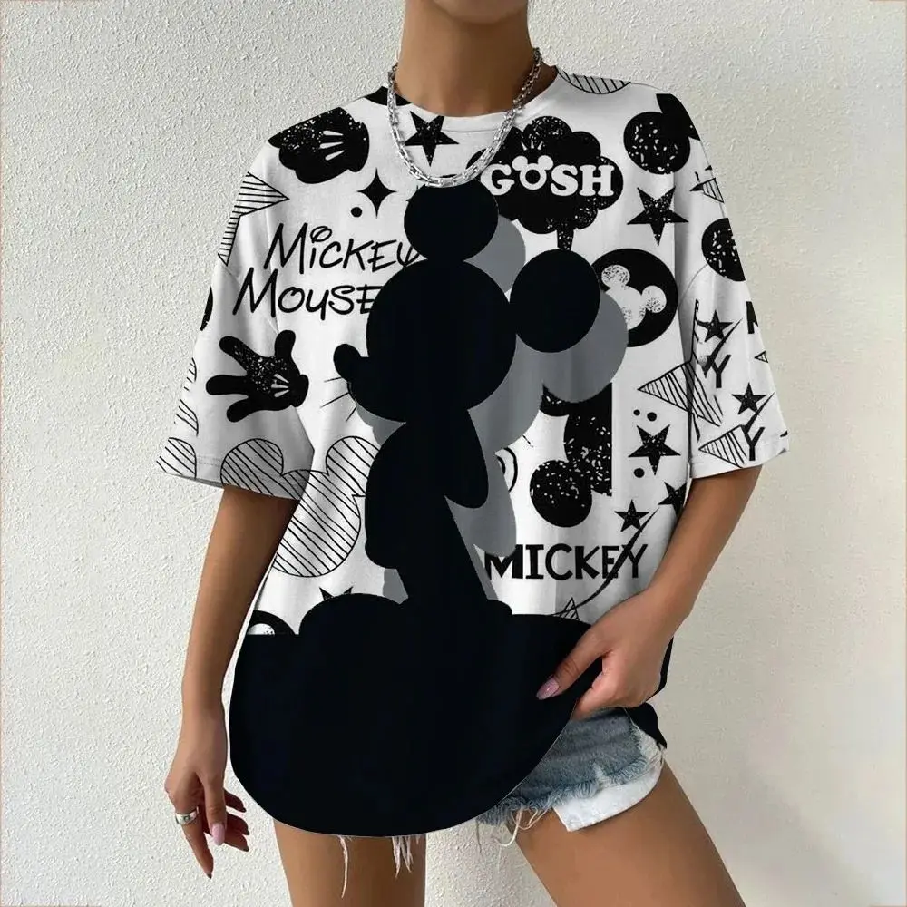

Летняя футболка оверсайз 2026, женские футболки с короткими рукавами, женская свободная одежда, женские топы с принтом Диснея и Микки Мауса, женские топы с круглым вырезом