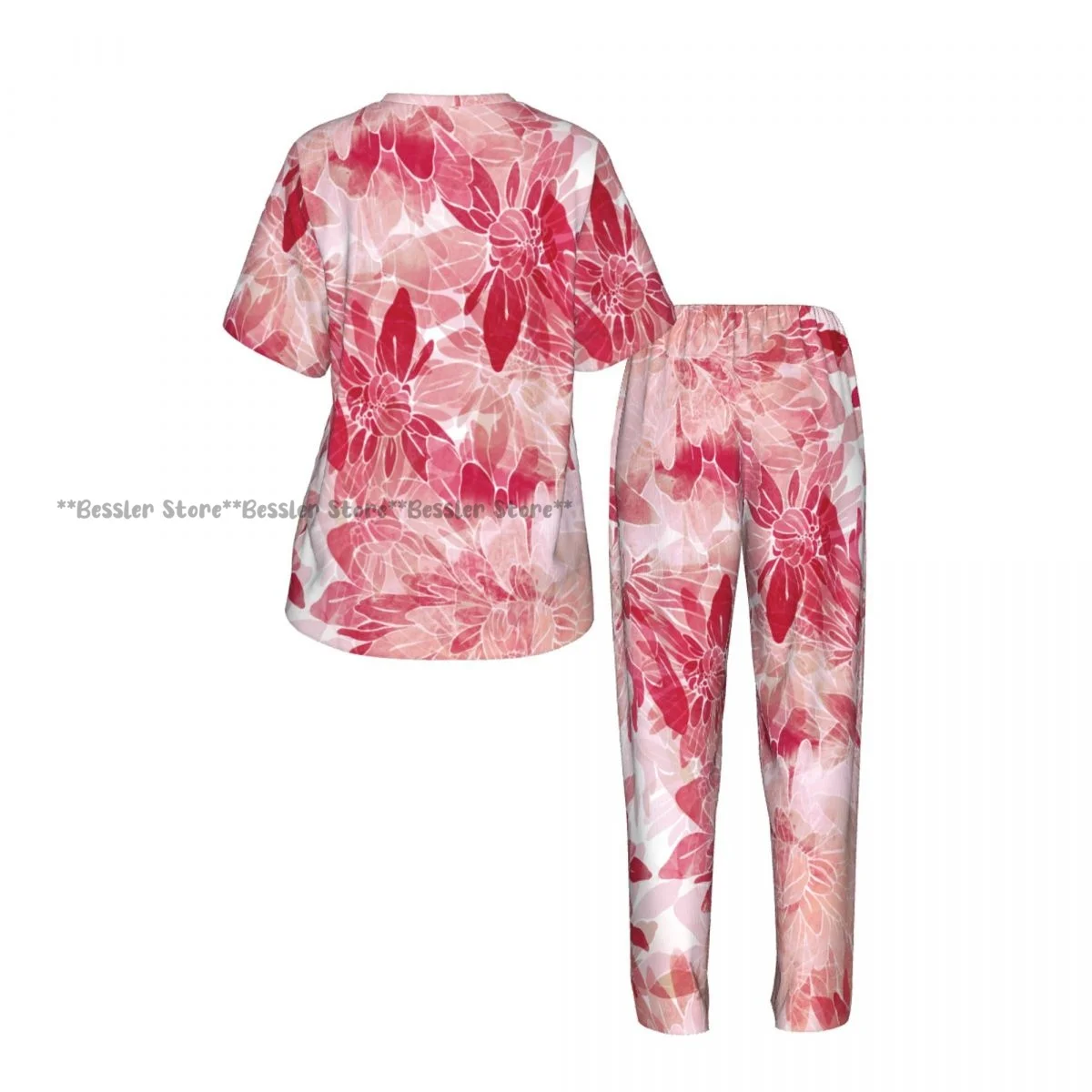 Pink Chrysanthemum Pajamas Set Short-sleeved Women Home Clothing view 3