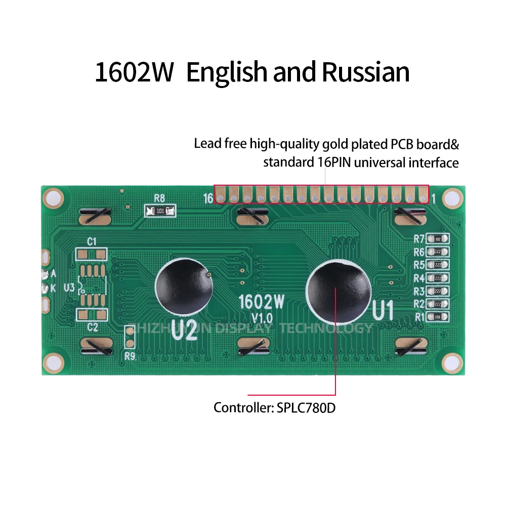 Módulo de matriz de puntos gráfico de temperatura amplia, pantalla de visualización de caracteres, verde esmeralda, inglés y ruso, 1602W, vista completa, LCD1602