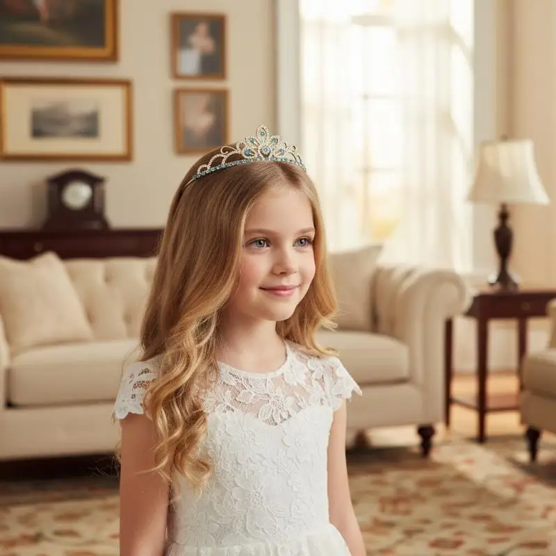 NEW Sparkling Crystal Flower Girl Tiara Rhinestone Princess Crown for Wedding Ceremony Birthday Party First Communion Hair Piece