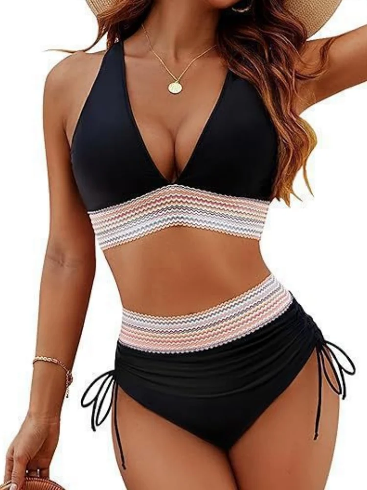 New Sexy Trikini solid color Strap wave swimwear v neck bikini set women push up swimsuit High waist beachwear bathing suits