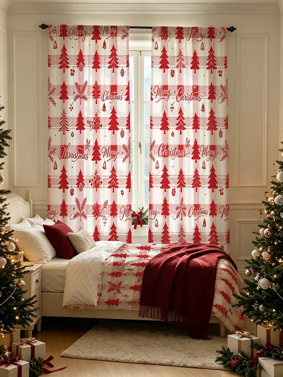 Buffalo checkered red Christmas tree printed curtains 2PCS, red curtains, holiday curtains, holiday decoration matching
