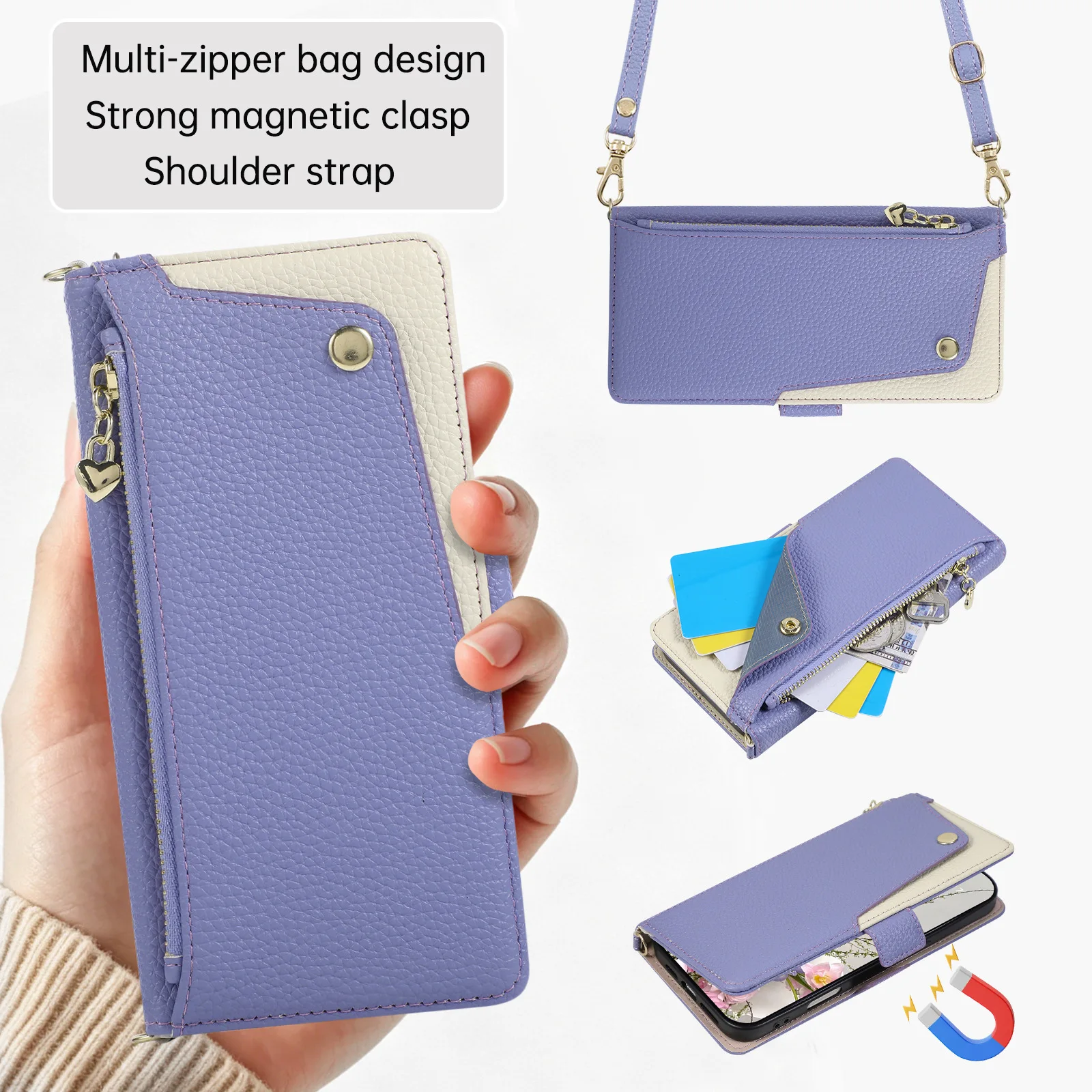 Lychee Leather Crossbody Wallet Case For Samsung Galaxy S26 Ultra S25 Plus S24 FE Lanyard Zipper Flip Cover 4 Card Slot Funda
