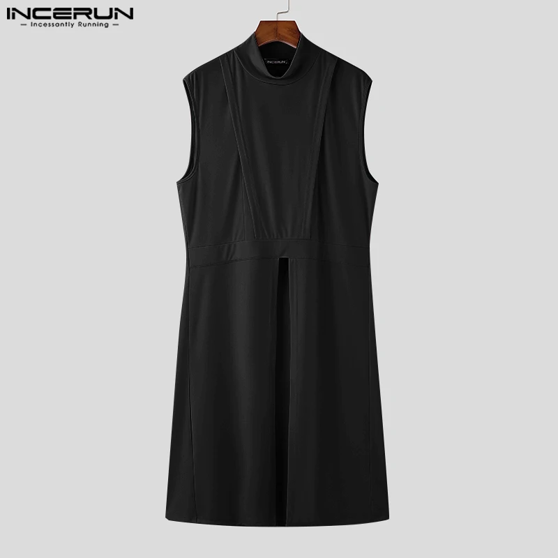 2024 Men Causal Simple Deconstruction Knitted Tank INCERUN Handsome Sleeveless Solid T-shirts Half High Collar Elegant Camiseta