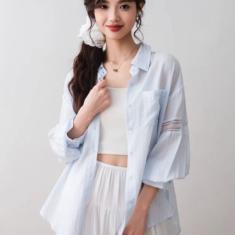 Koszula damska z ażurowymi przeszyciami w paski, luźny krój w stylu lazy, długi rękaw z jedwabiu lodowego, ochrona przed słońcem.