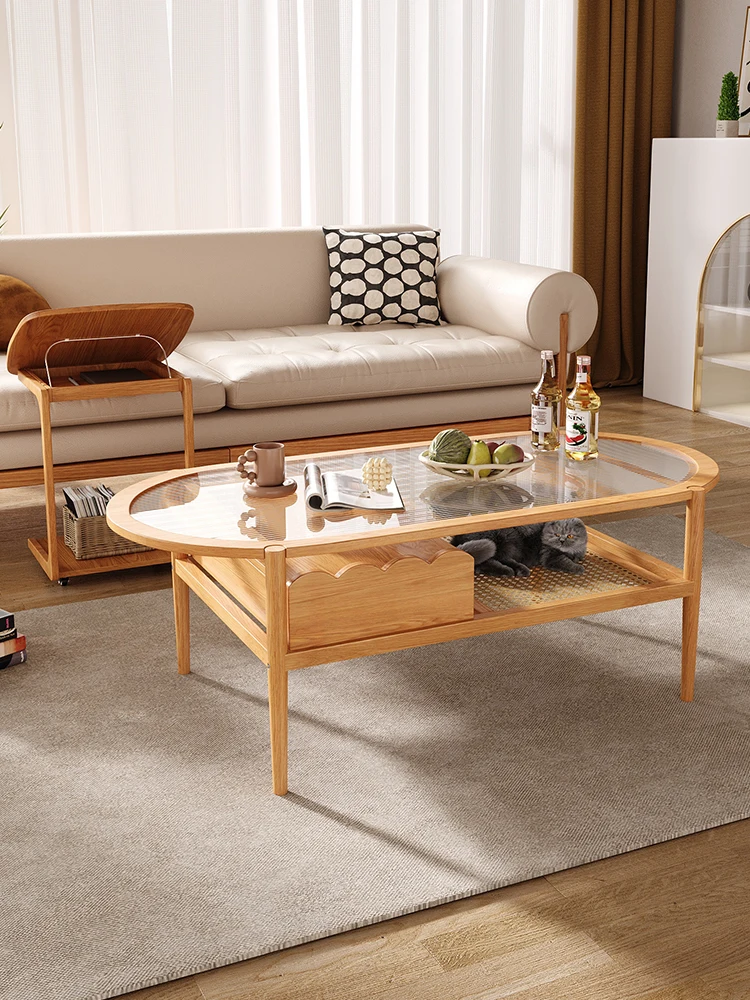 Living room: solid wood coffee table, wabi-sabi wind, Changhong glass, rattan multi-functional oval tea table