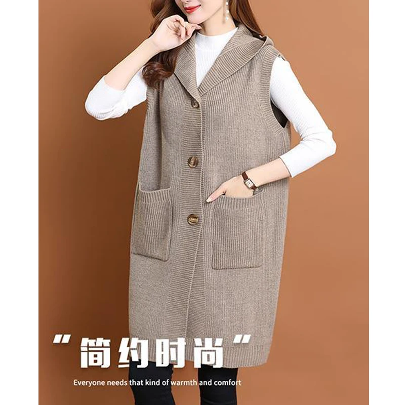 New Women Clothing Korean Fashion Oversize Hooded Sweater Vest Elegant Sleeveless Pockets Button Knitted Cardigan Long Waistcoat