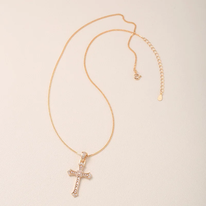 S925 Sterling Silver Cross Necklace Women's Champagne Gold Square Diamond Collarbone Chain 2026 New Product Versatile 1559A