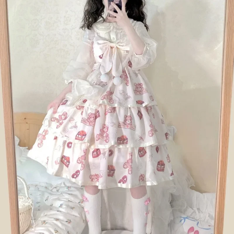 

Japanese Style Harajuku Y2k Lolita Jsk Drsss 2025 Kawaii Cartoon Bear Print Bow Princess Dresses Girls Sweet Party Mini Dtesses